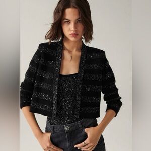 ba&sh Trevis Sequin Stripe Cropped Cardigan Jacket Black Silver Shoulder Pads XS